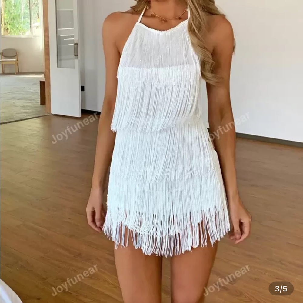 White Fringe Halter Dress
